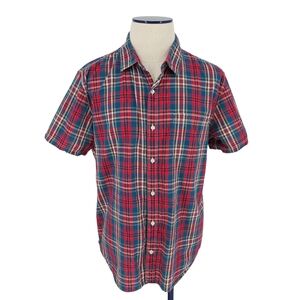 GAP Shirt Red Navy Madras Tartan Plaid Short Sleeve Button Up Collared Mens XL